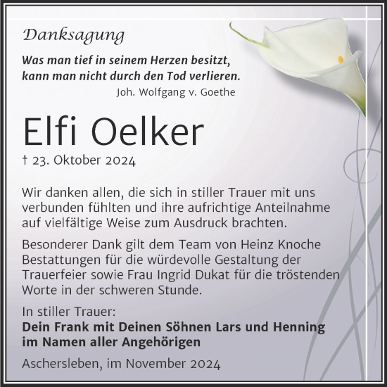 Traueranzeige von Elfi Oelker von Trauerkombi Aschersleben