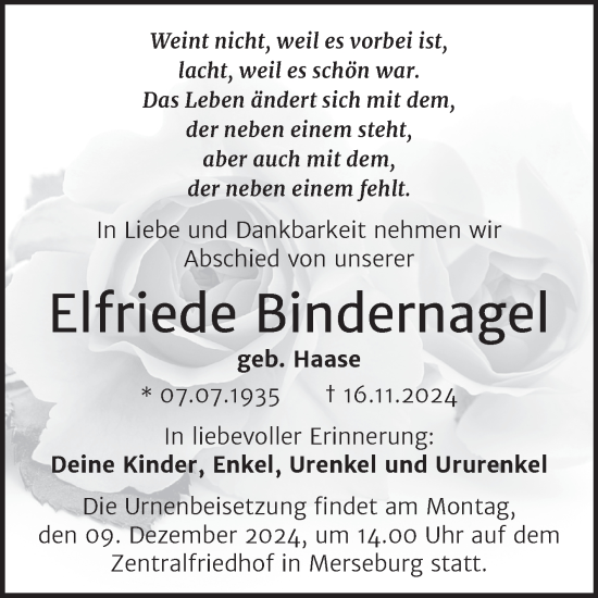 Traueranzeige von Elfriede Bindernagel von Trauerkombi Merseburg