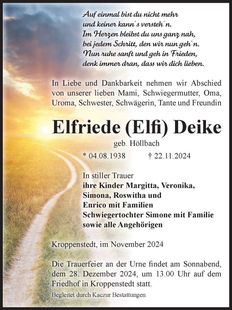  Traueranzeige für Elfriede Deike vom 30.11.2024 aus Volksstimme Oschersleben/Wanzleben