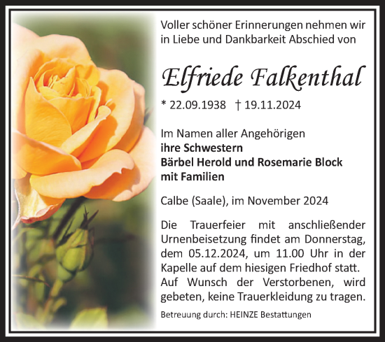 Traueranzeige von Elfriede Falkenthal von Volksstimme Schönebeck