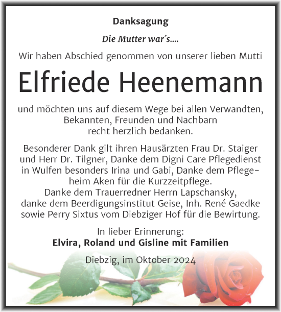 Traueranzeige von Elfriede Heenemann von Trauerkombi Köthen