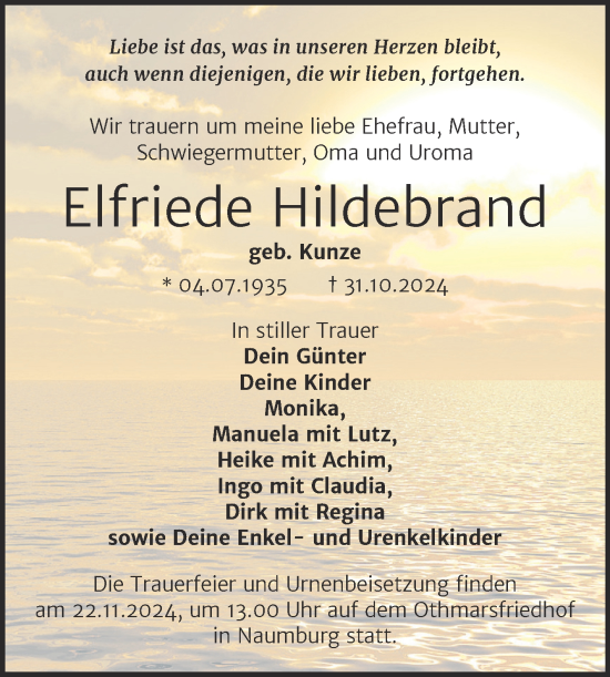 Traueranzeige von Elfriede Hildebrand von Super Sonntag Naumburg/Nebra