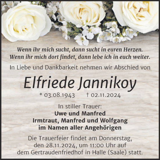 Traueranzeige von Elfriede Jannikoy von Mitteldeutsche Zeitung Halle/Saalkreis