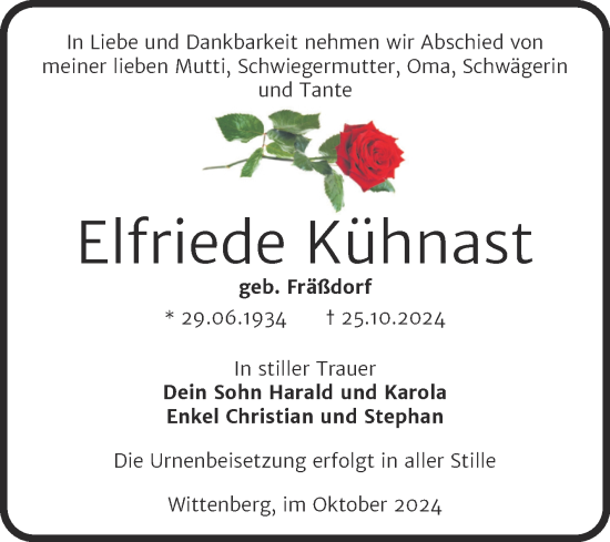 Traueranzeige von Elfriede Kühnast von Trauerkombi Wittenberg