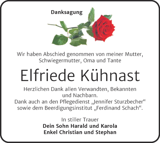 Traueranzeige von Elfriede Kühnast von Trauerkombi Wittenberg