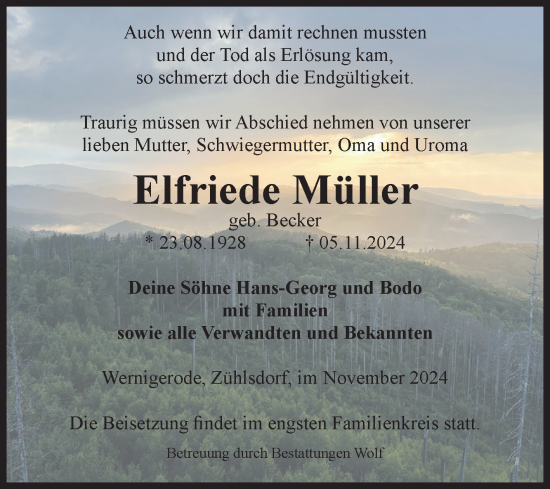 Traueranzeige von Elfriede Müller von Volksstimme Wernigerode