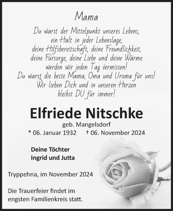 Traueranzeige von Elfriede Nitschke von Volksstimme Burg/Genthin