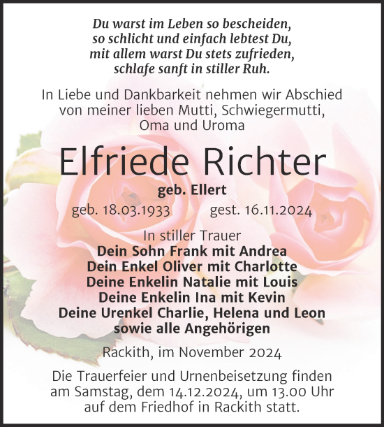 Traueranzeige von Elfriede Richter von Trauerkombi Wittenberg