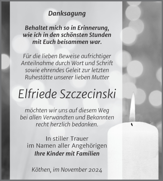 Traueranzeige von Elfriede Szczecinski von Trauerkombi Köthen