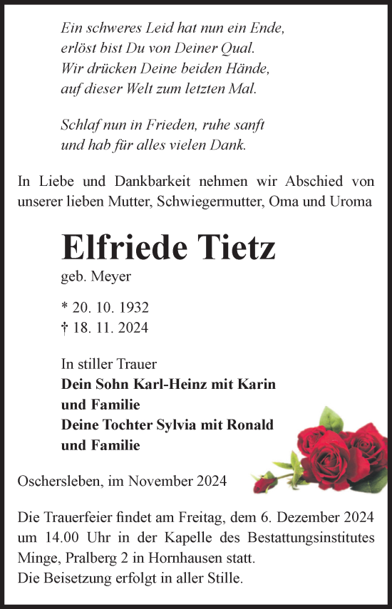 Traueranzeige von Elfriede Tietz von Volksstimme Oschersleben/Wanzleben