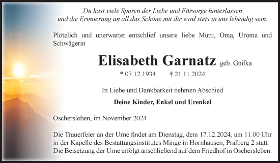 Traueranzeige von Elisabeth Garnatz von Volksstimme Oschersleben/Wanzleben