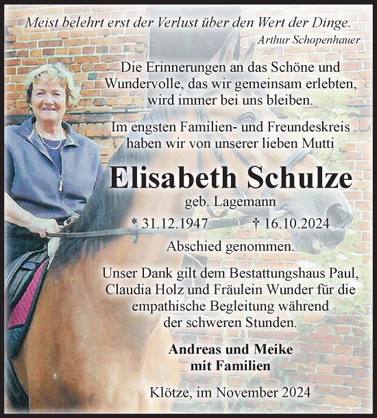 Traueranzeige von Elisabeth Schulze von Volksstimme Altmark West