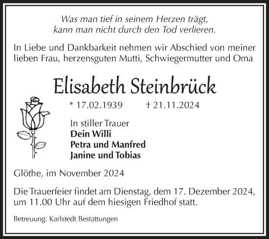Traueranzeige von Elisabeth Steinbrück von Volksstimme Schönebeck