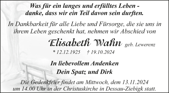Traueranzeige von Elisabeth Wahn von Trauerkombi Dessau