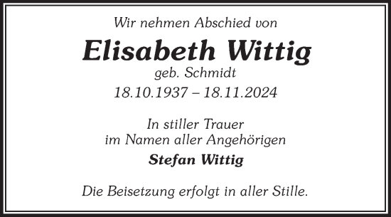 Traueranzeige von Elisabeth Wittig von Volksstimme Magdeburg
