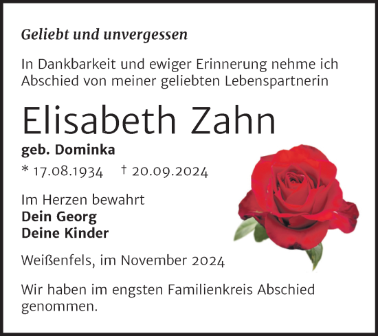 Traueranzeige von Elisabeth Zahn von Trauerkombi Weißenfels
