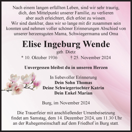 Traueranzeige von Elise Ingeburg Wende von Volksstimme Burg/Genthin