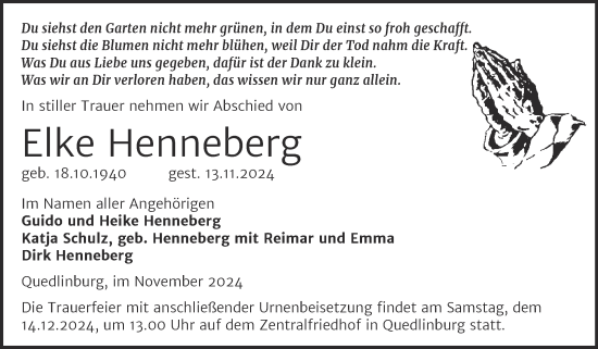 Traueranzeige von Elke Henneberg von Trauerkombi Quedlinburg