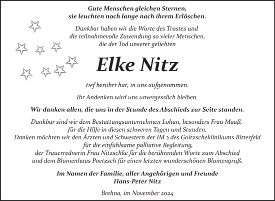 Traueranzeige von Elke Nitz von Trauerkombi Bitterfeld