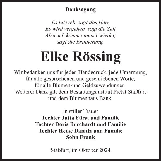 Traueranzeige von Elke Rössing von Volksstimme Staßfurt