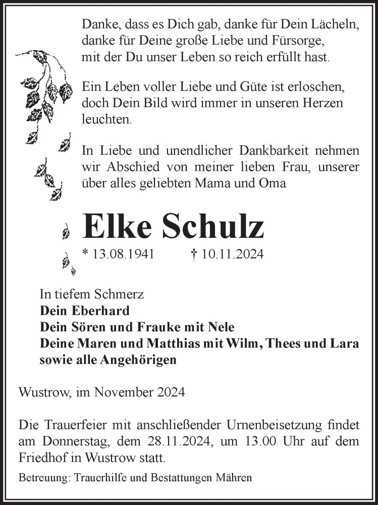  Traueranzeige für Elke Schulz vom 15.11.2024 aus Volksstimme Altmark West