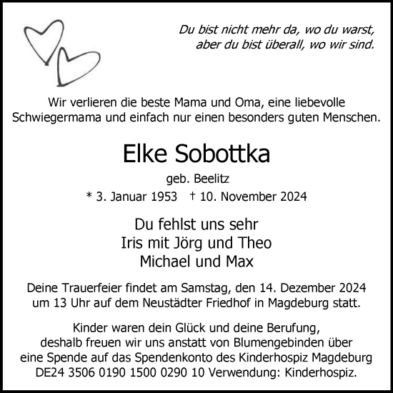 Traueranzeige von Elke Sobottka von Volksstimme Altmark West
