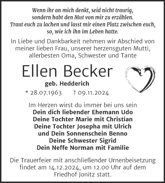 Traueranzeige von Ellen Becker von Trauerkombi Dessau