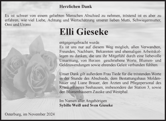 Traueranzeige von Elli Gieseke von Volksstimme Altmark Ost