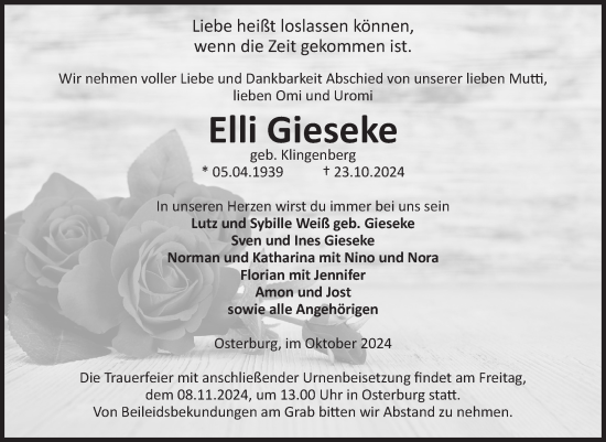 Traueranzeige von Elli Gieseke von Volksstimme Altmark Ost