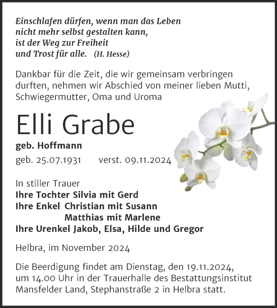 Traueranzeige von Elli Grabe von Trauerkombi Mansfelder Land