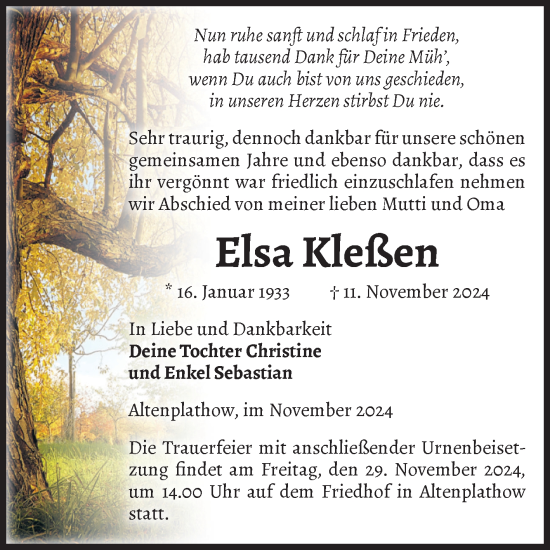 Traueranzeige von Elsa Kleßen von Volksstimme Burg/Genthin