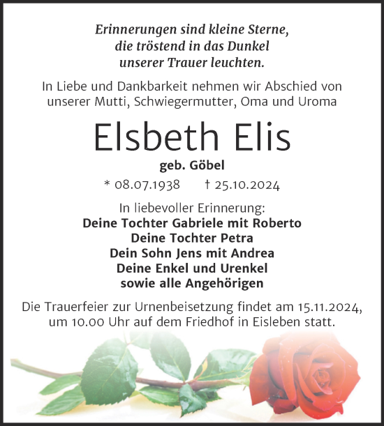 Traueranzeige von Elsbeth Elis von Trauerkombi Mansfelder Land