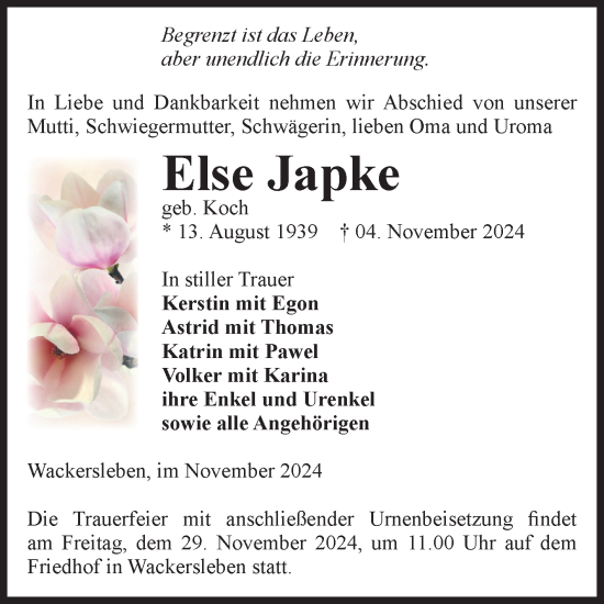 Traueranzeige von Else Japke von Volksstimme Oschersleben/Wanzleben