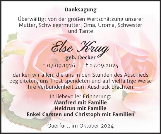 Traueranzeige von Else Krug von Trauerkombi Merseburg