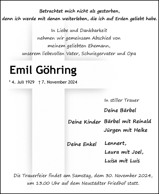 Traueranzeige von Emil Göhring von Volksstimme Magdeburg