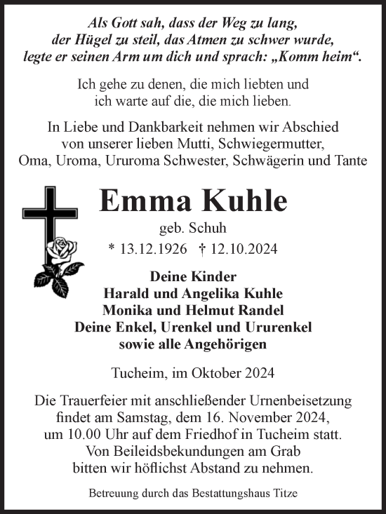 Traueranzeige von Emma Kuhle von Volksstimme Burg/Genthin