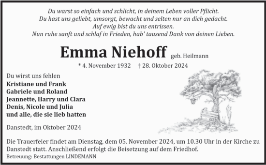 Traueranzeige von Emma Niehoff von Volksstimme Halberstadt