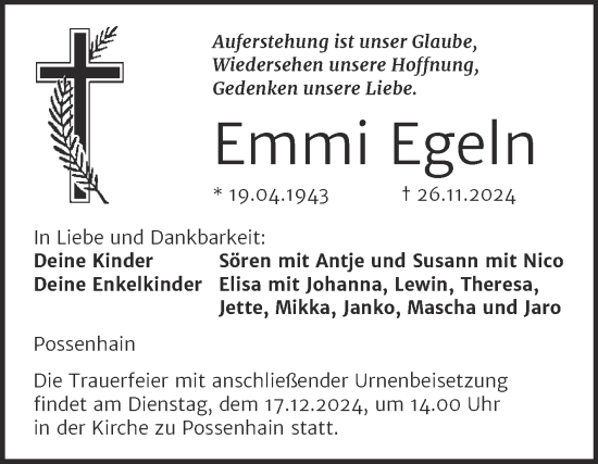 Traueranzeige von Emmi Egeln von Naumburger Tageblatt