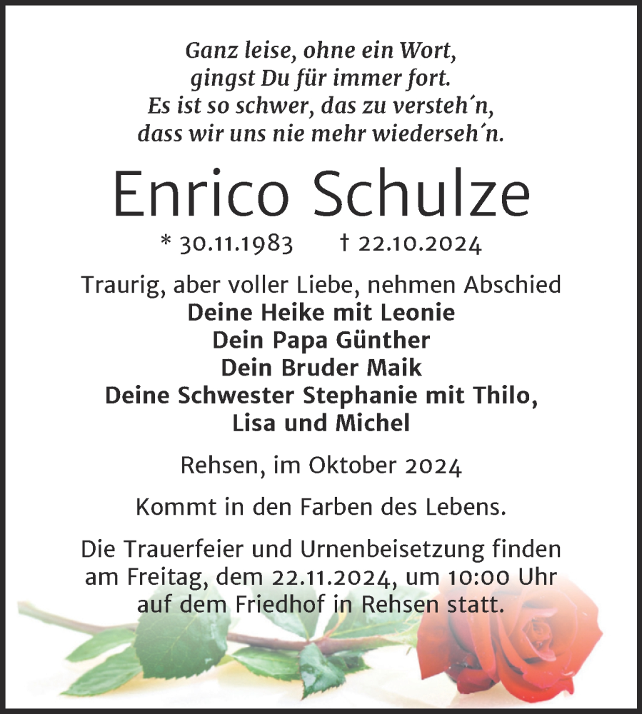  Traueranzeige für Enrico Schulze vom 09.11.2024 aus Trauerkombi Wittenberg