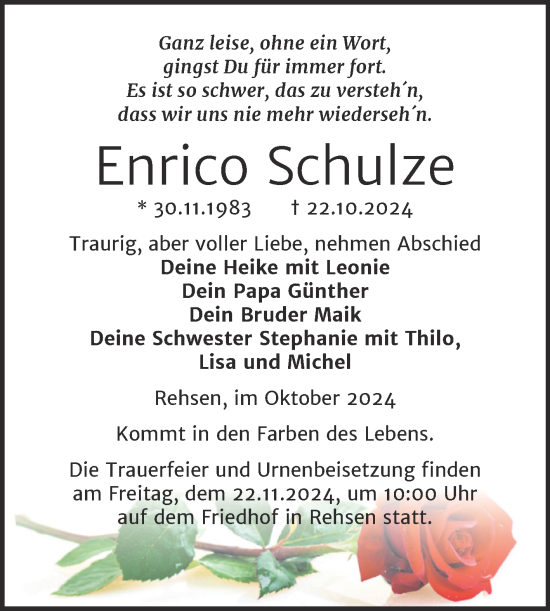 Traueranzeige von Enrico Schulze von Trauerkombi Wittenberg