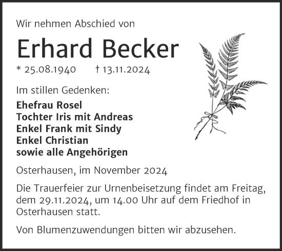 Traueranzeige von Erhard Becker von Trauerkombi Mansfelder Land