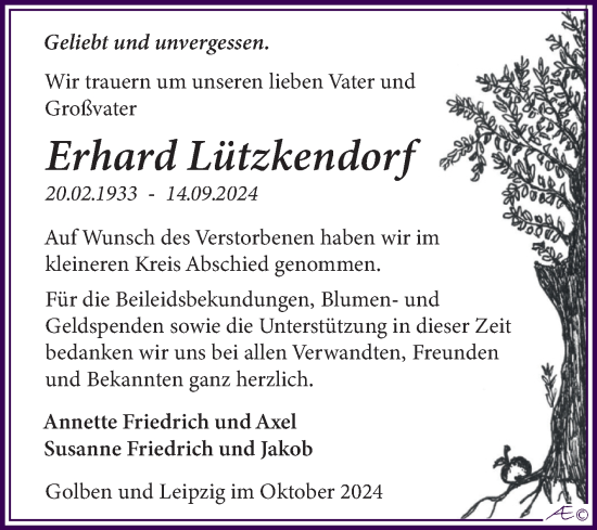 Traueranzeige von Erhard Lützkendorf von Trauerkombi Zeitz