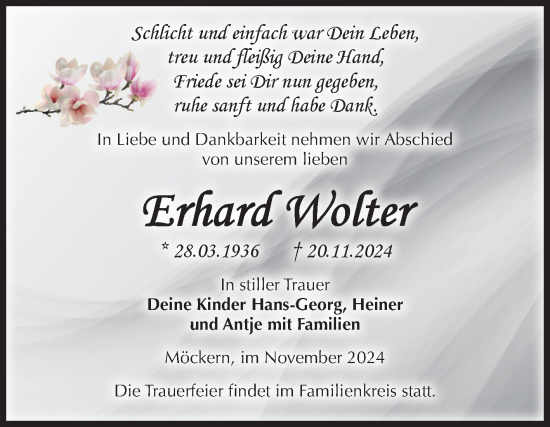 Traueranzeige von Erhard Wolter von Volksstimme Burg/Genthin