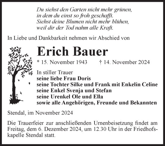 Traueranzeige von Erich Bauer von Volksstimme Altmark Ost