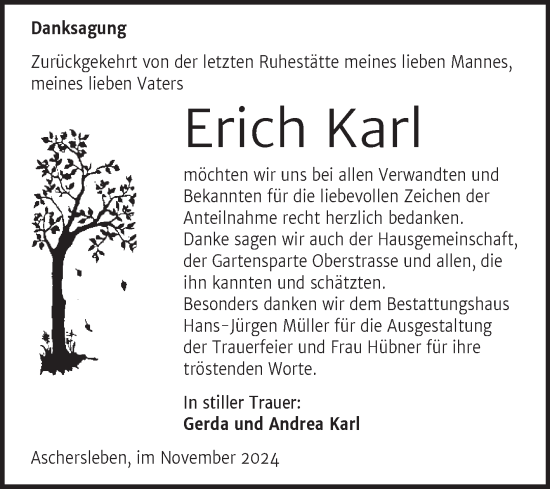 Traueranzeige von Erich Karl von Trauerkombi Aschersleben