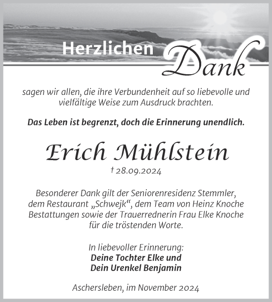 Traueranzeige von Erich Mühlstein von Trauerkombi Aschersleben