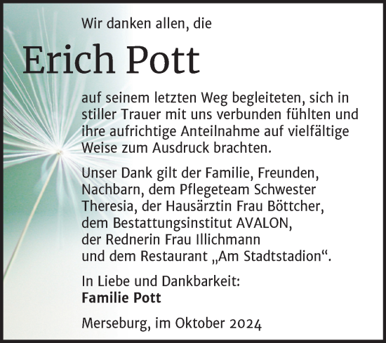 Traueranzeige von Erich Pott von Trauerkombi Merseburg