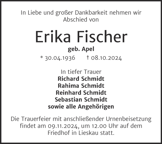 Traueranzeige von Erika Fischer von Mitteldeutsche Zeitung Halle/Saalkreis