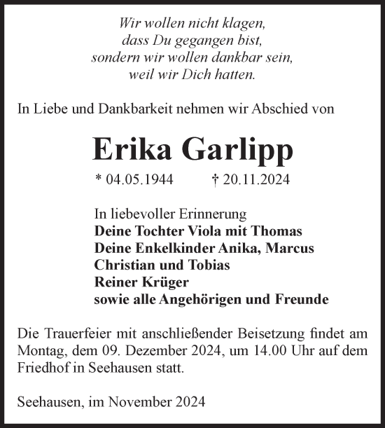 Traueranzeige von Erika Garlipp von Volksstimme Altmark Ost