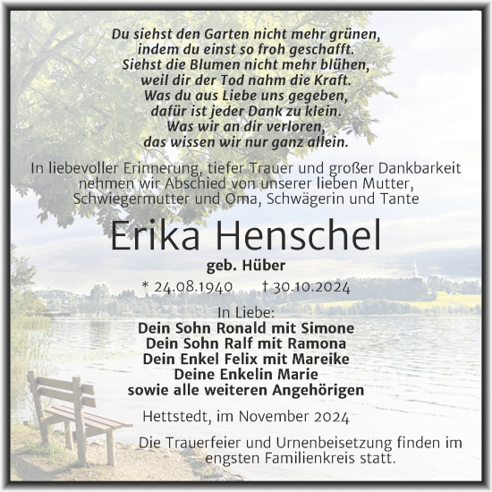 Traueranzeige von Erika Henschel von Trauerkombi Mansfelder Land